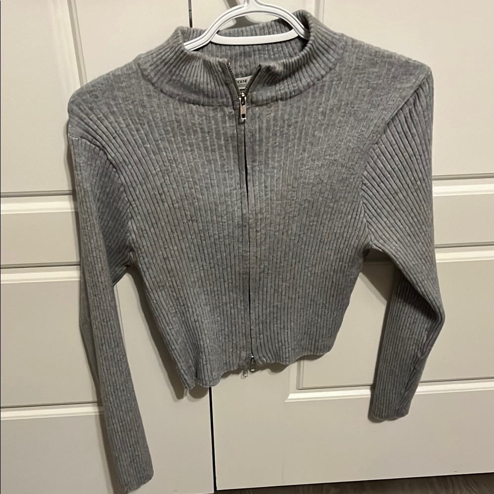 Gray Ribbed Zip-Up Sweater